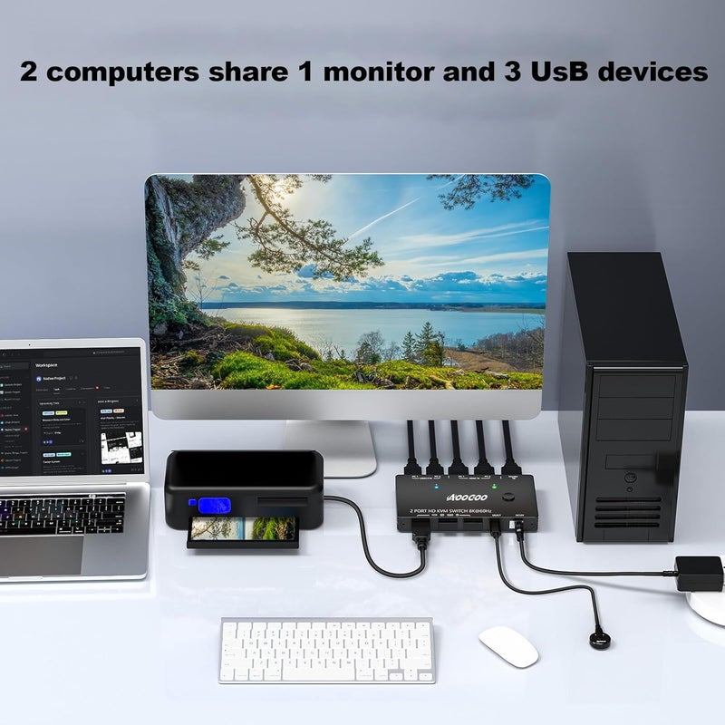 AOOCOO مفتاح KVM HDMI 8K@60Hz لشاشة واحدة و2 كمبيوترات 4K@144Hz مع منفذ USB 3.0، جهاز تحكم سلكي، محول طاقة وكابلات USB3.0 مشمولة (10 سم 2 كمبيوتر 1 شاشة 8K KVM) - Image 4